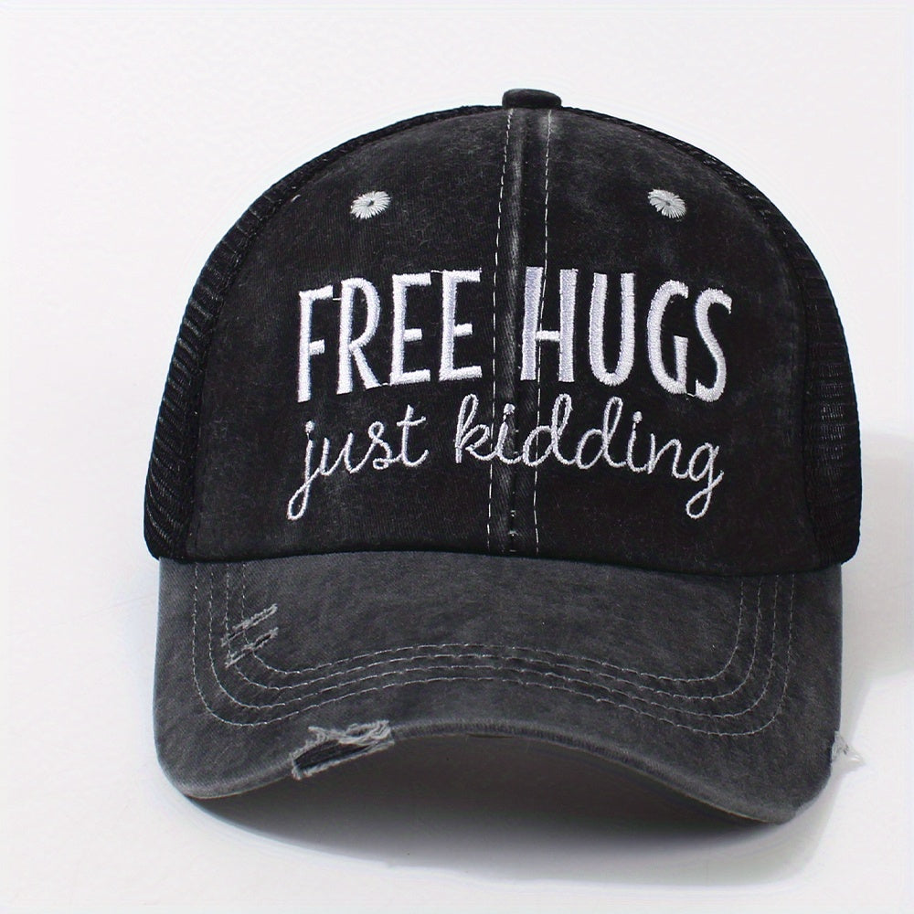 Ripped Ponytail Trucker Hat Hugs Embroidery Mesh Breathable Baseball Cap