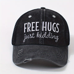 Ripped Ponytail Trucker Hat Hugs Embroidery Mesh Breathable Baseball Cap