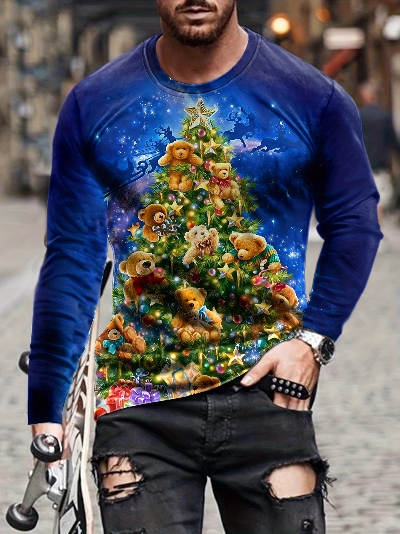 Christmas Tree Print Men's Long Sleeve Tee Stylish Autumn Shirt