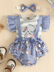 2pcs Baby Girls Lace Sleeves Elephant Top And Skirt Suit