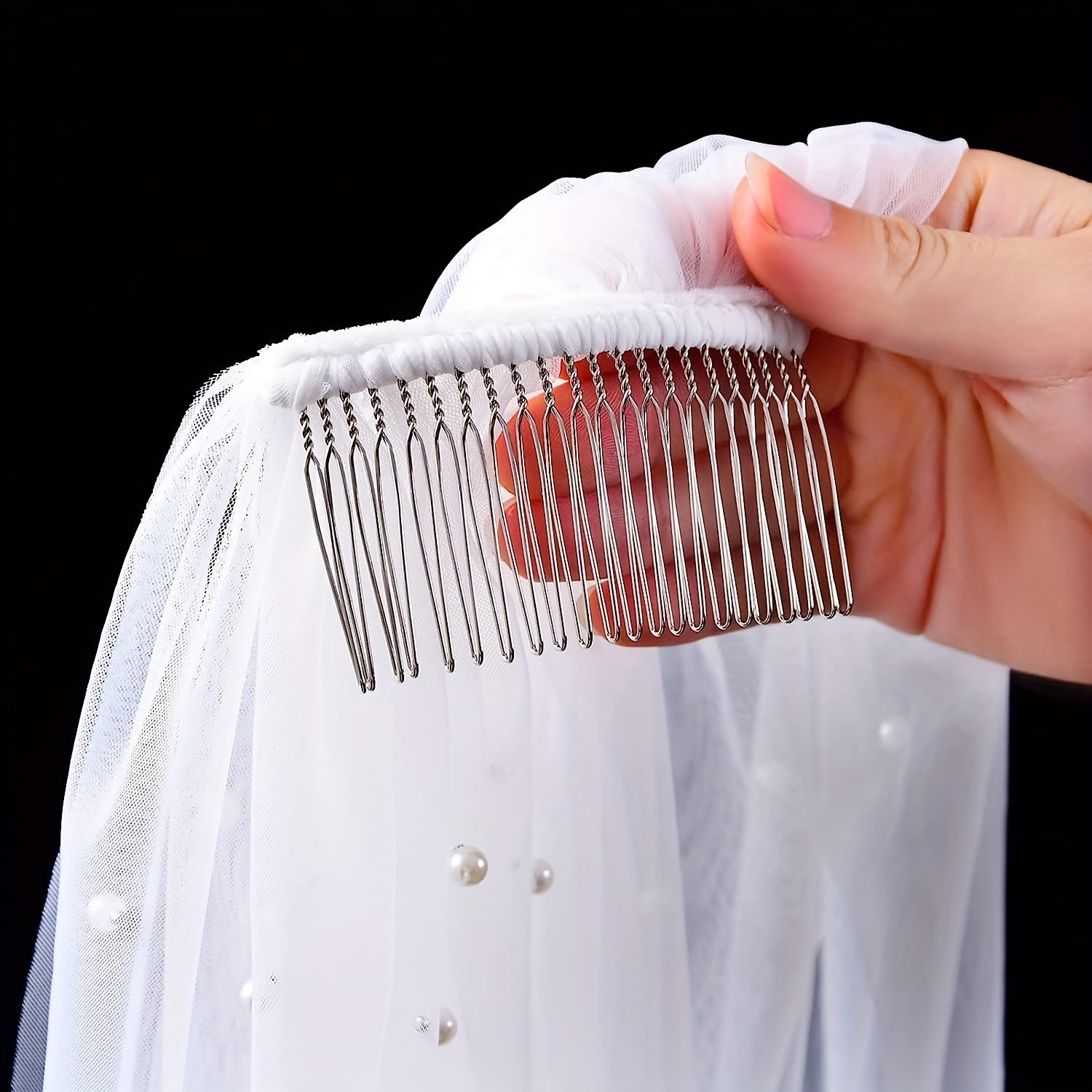 Wedding Head Veil Faux Pearl Single Layer Tulle Comb