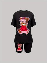 Teddy Bear Print 2pc Set T Shirt & Biker Shorts Casual Outfit for Women