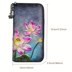 Vintage Floral Leather Wallet for Women, Zipper Closure, Card Slots