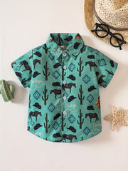 Boys Western Cowboy Farm Print Shirt Short Sleeve Tee Top