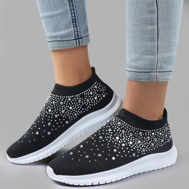 Faux Rhinestone Knitted Slip-On Sports Shoes for Women