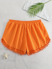 Boho Shorts Pompom Trim Elastic Stretch Shorts
