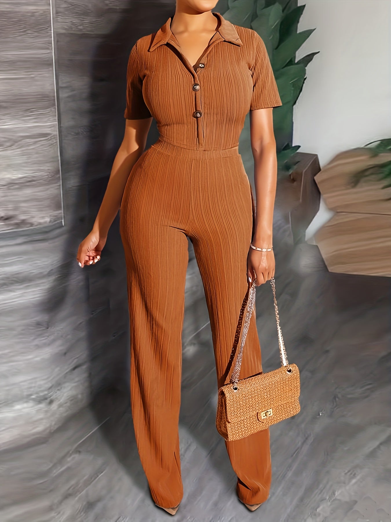 Plus Ribbed Short Sleeve Button Crop Shirt & Pants Outfit