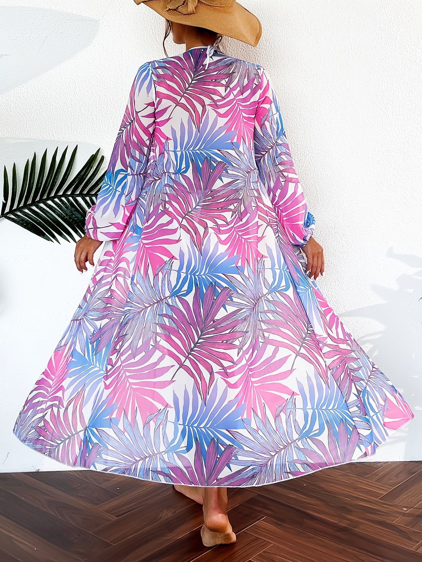 Leaf Print Tie Belt Long Sleeve Kaftan Cover Up Dress