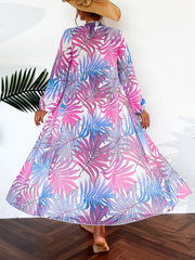 Leaf Print Tie Belt Long Sleeve Kaftan Cover Up Dress