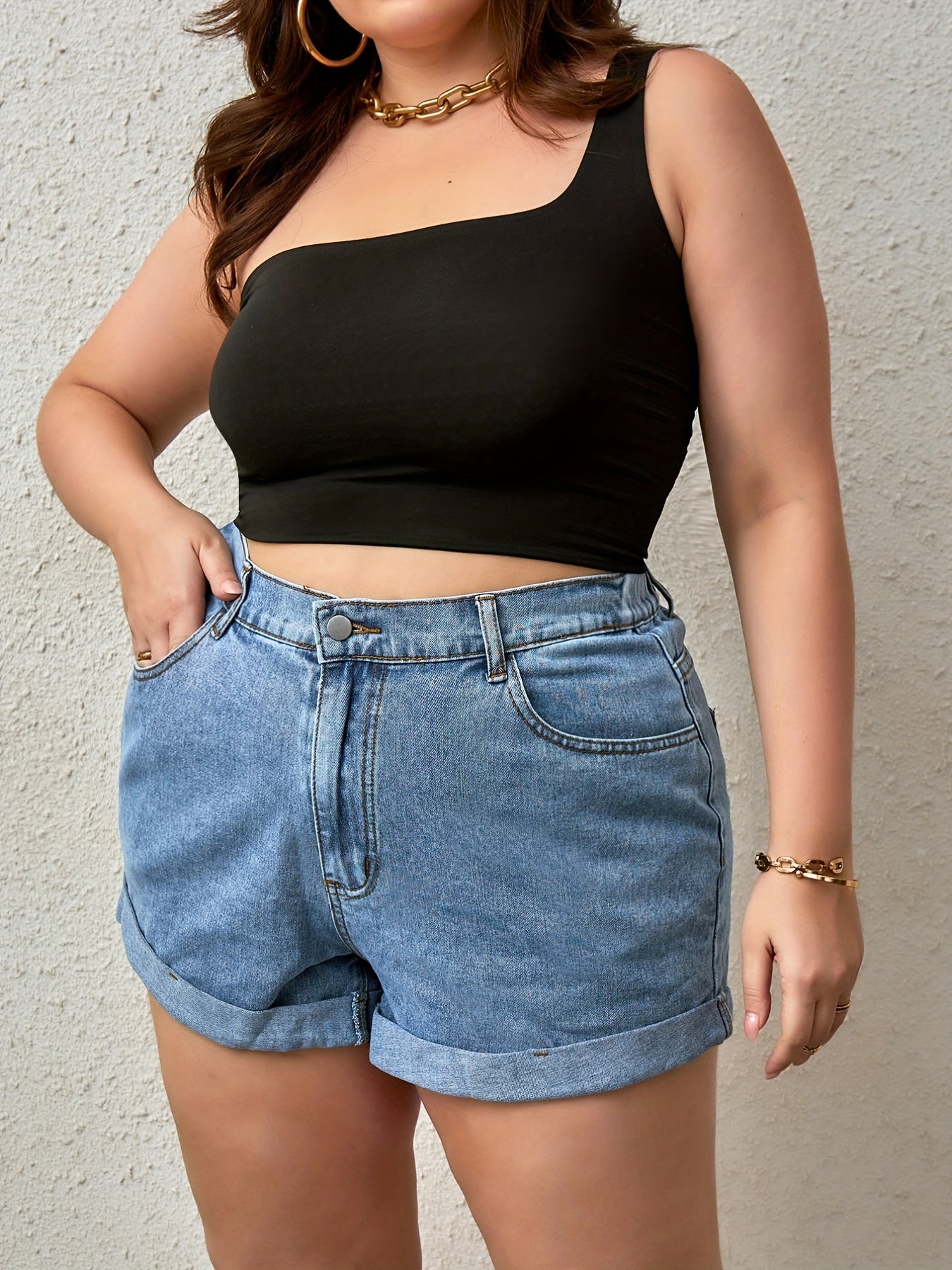 Solid Denim Shorts with Rolled Trim