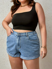 Solid Denim Shorts with Rolled Trim