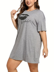 Casual Lounge Dress Women's Plus Kiss & Letter Print Tee Sleep Dress