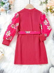 Floral Colorblock Long Sleeve Casual Dress Set with Belt