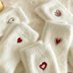 5 Pairs Heart Embroidery Socks Warm & Comfy Fuzzy Stockings
