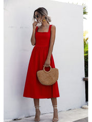 Women Solid Midi Long Dress Backless Slip Square Collar Ruched Party