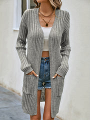 Open Front Ribbed Cardigan with Pockets