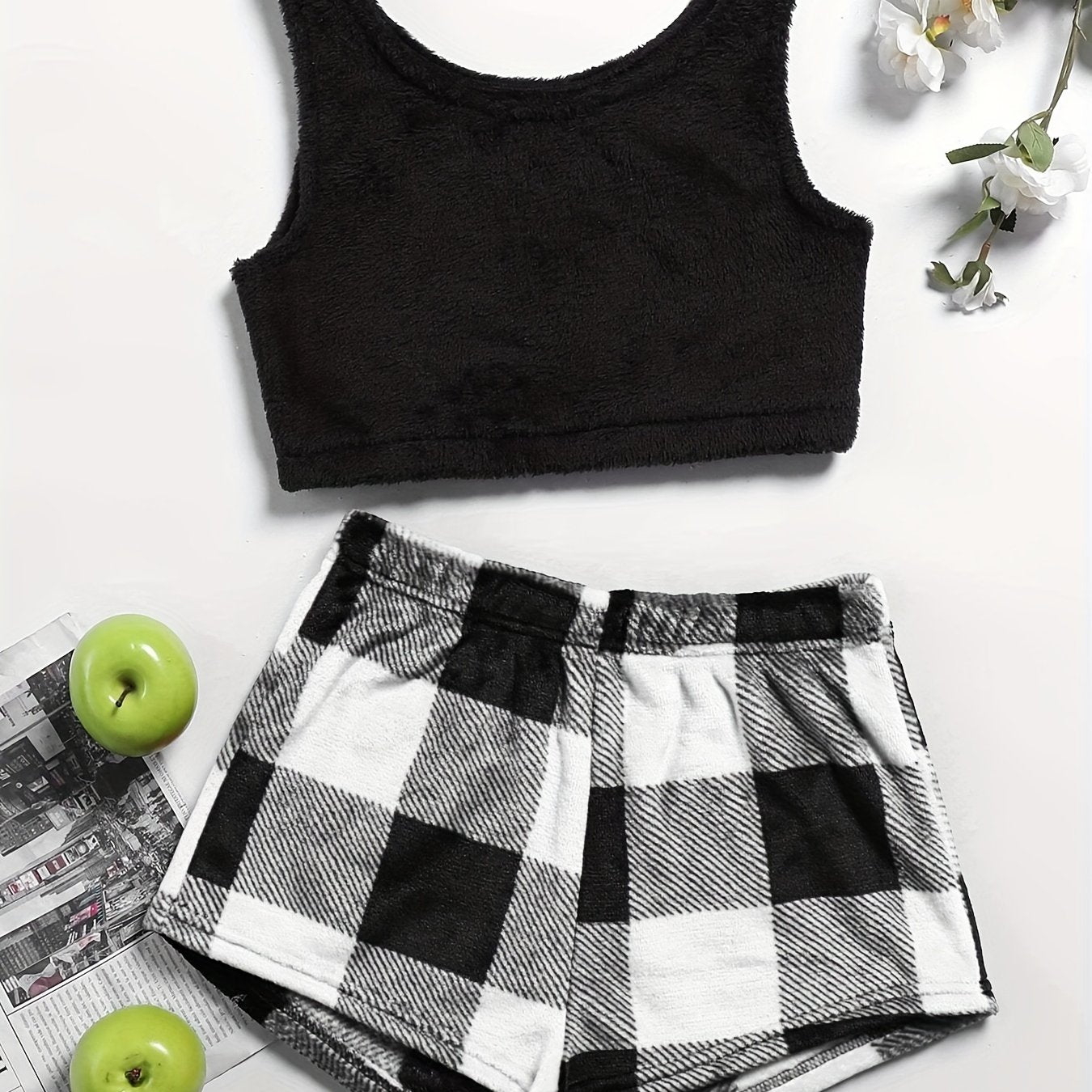 Fuzzy Lounge Set Crew Neck Tank Top & Plaid Shorts Women's Loungewear
