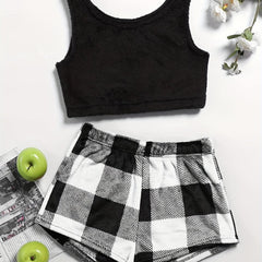 Fuzzy Lounge Set Crew Neck Tank Top & Plaid Shorts Women's Loungewear