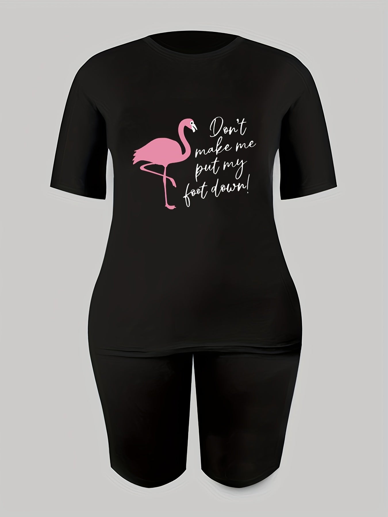 Flamingo Print T-shirt & Solid Shorts Set Women's Activewear