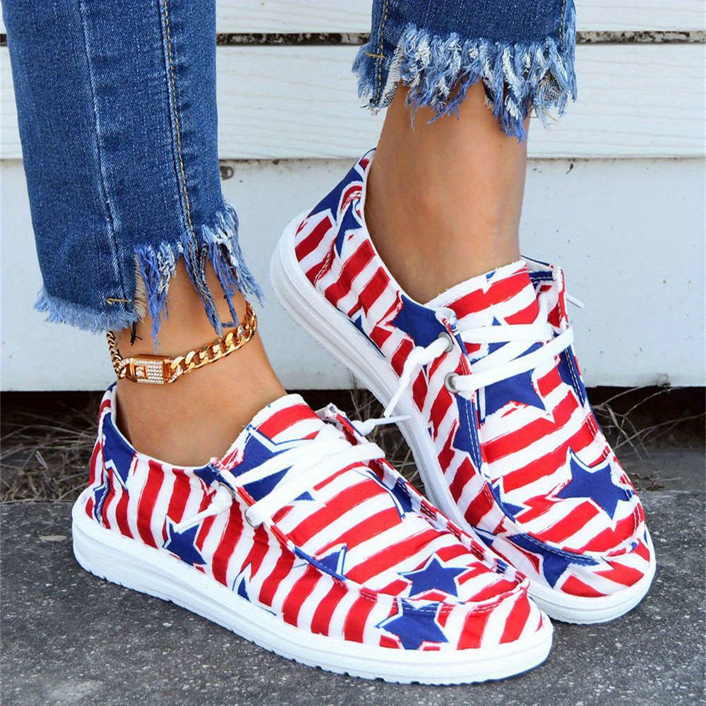 Women's Star & Stripe Pattern Walking Shoes Independence Lace Up Canvas Shoes