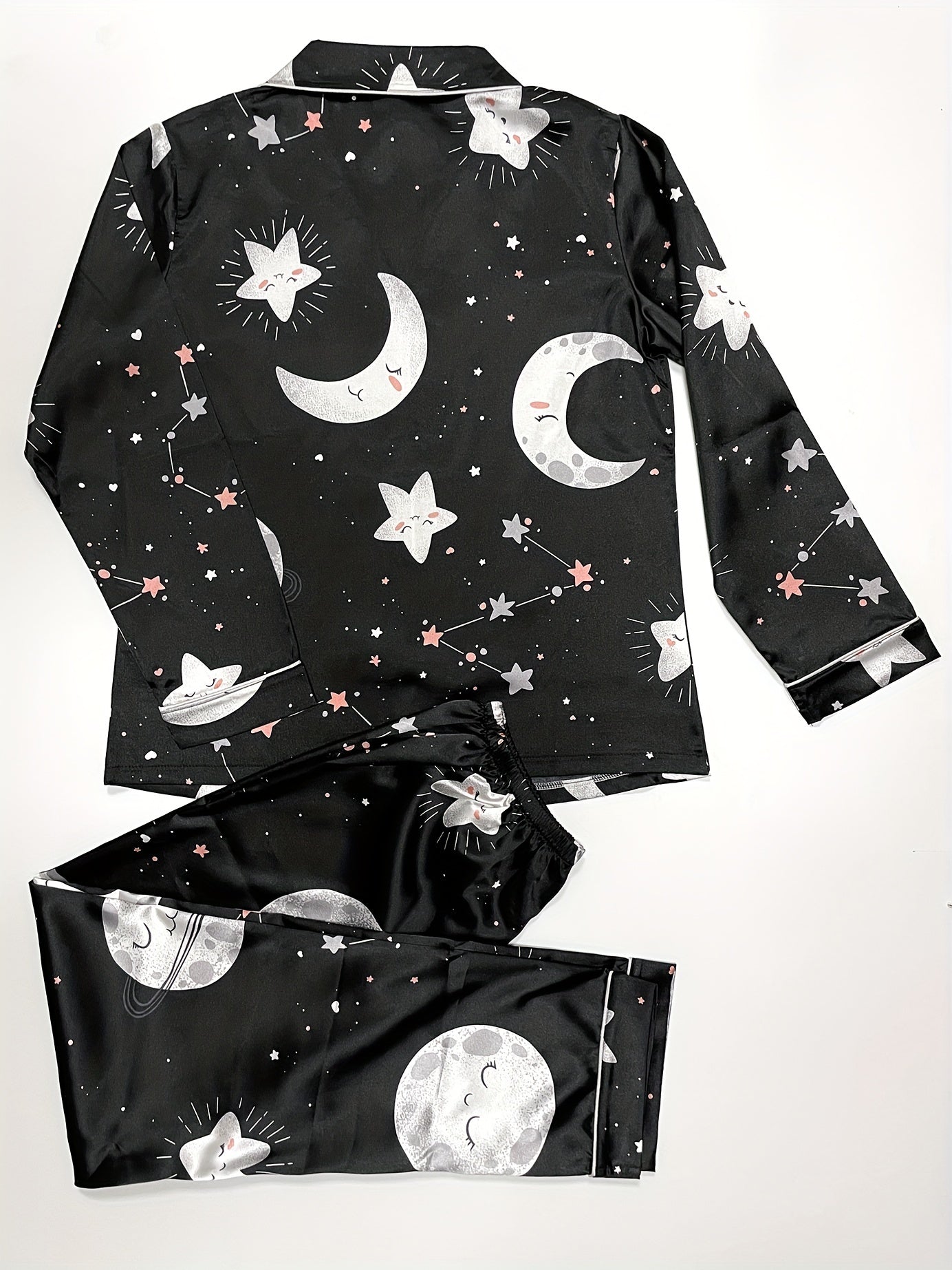 Starry Print Pajama Set Long Sleeve Buttons Top & Elastic Waistband Pants