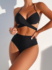 Black Criss Cross 2 Piece Bikini Set Halter Tie High Waist Stretchy Swimsuit