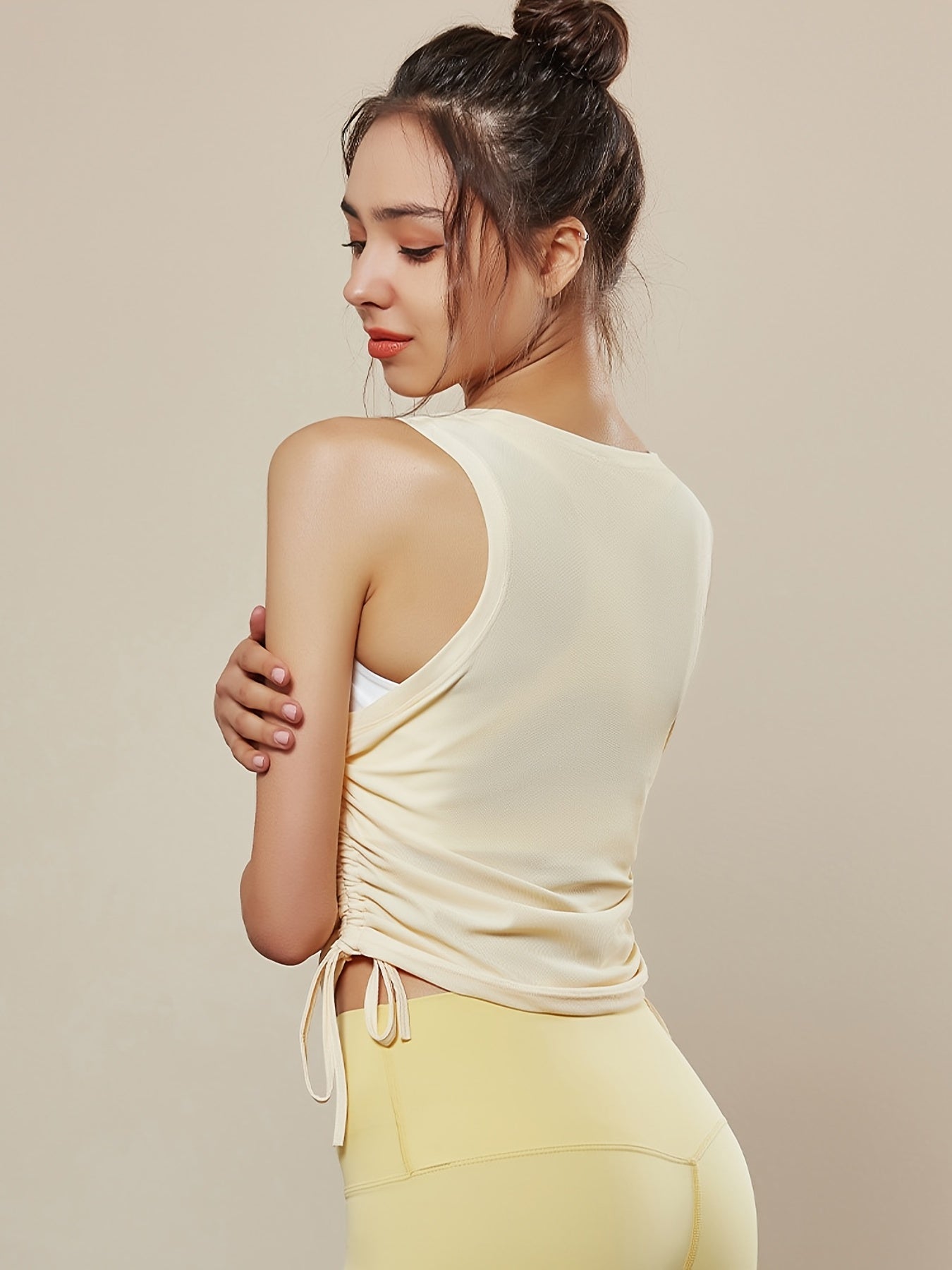 Solid Boat Neck Sleeveless Tank Top Side Drawstring Pleated Sports Top