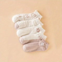 5 Pairs Floral Print Ankle Socks Ruffle Trim No Show Stockings