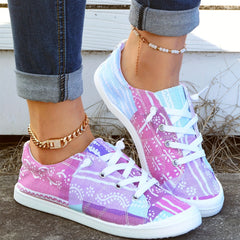 Women's Block Flower Walking Shoes Lace Up Low Top Casual Flat Sneakers