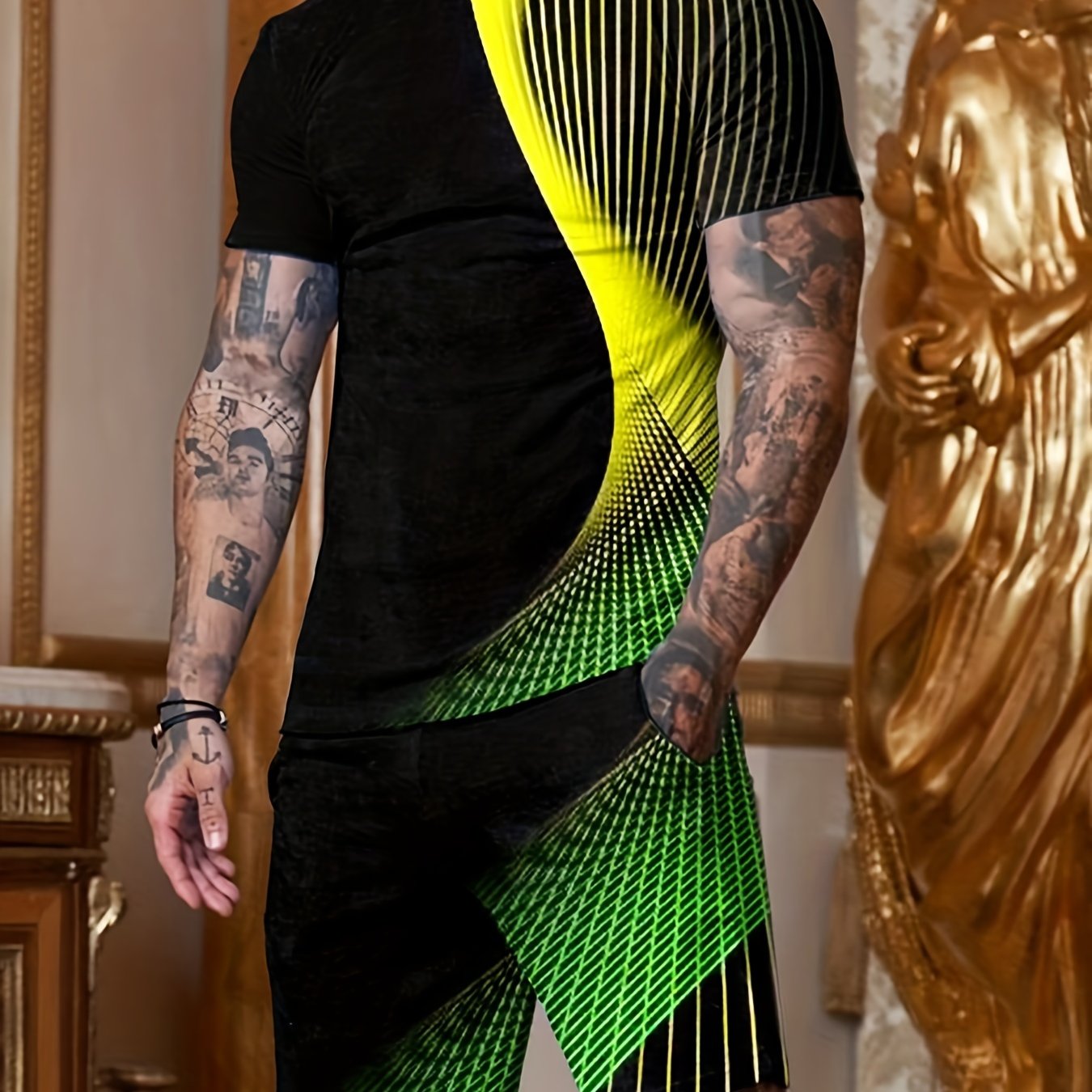 3D Print Men's 2Pcs Casual Crew Neck T-shirt & Drawstring Shorts Set