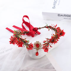 Girl's Red Rattan Eyebrow Heart Drop Wreath Headband Christmas Hair Hoop