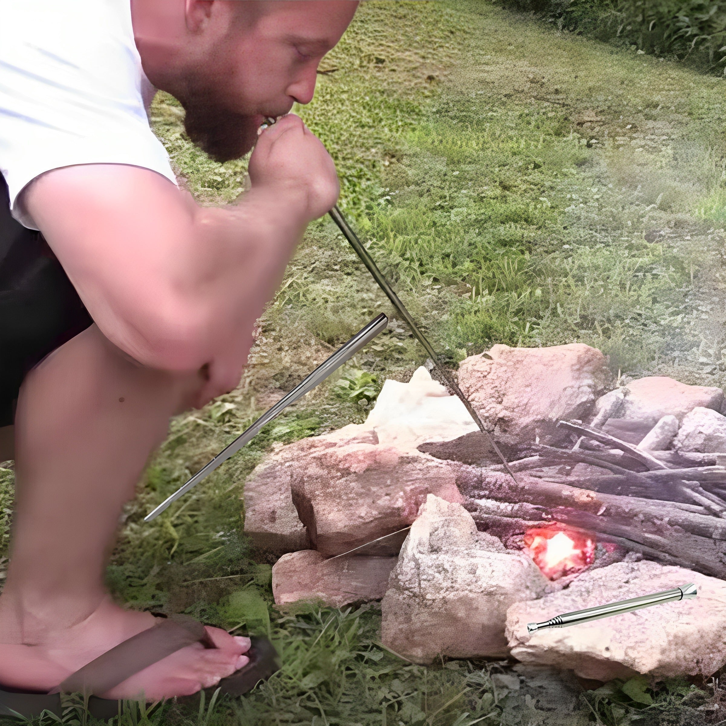 2pcs Stainless Steel Telescopic Fire Blow Pipes Camping Barbecue Stick