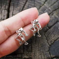 2 Vintage Silvery Frog Stud Earrings for Girls