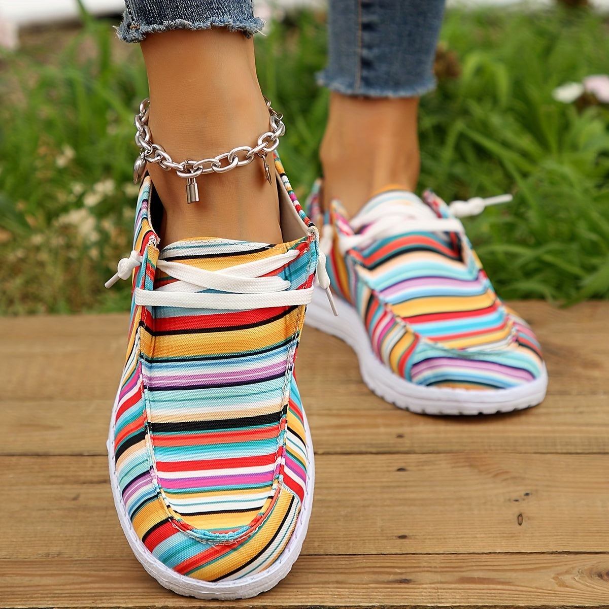 Striped Canvas Slip On Loafers Women's Casual Walking Shoes