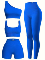 Yoga Workout Set Ribbed One Shoulder Top Crop Tank Hip Lifting Shorts Leggings