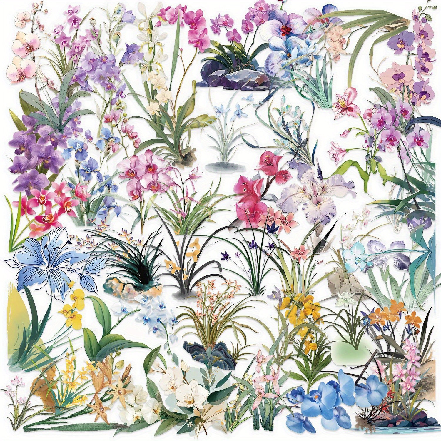 50pcs Transparent Floral Stickers Waterproof PET Vinyl Vibrant Mixed Decals