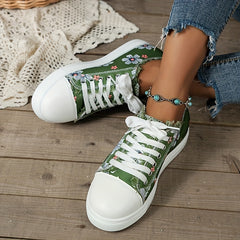 Floral Printed Canvas Lace Up Low Top Sneakers for Women