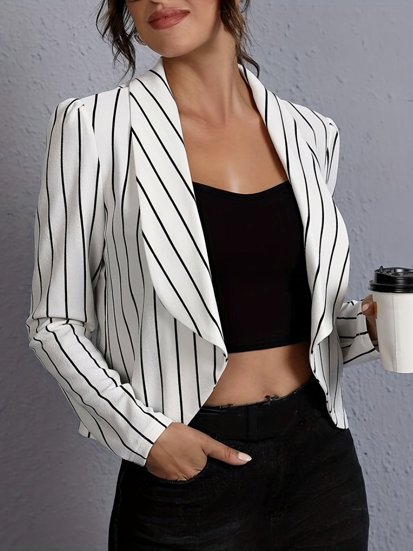 Striped Open Front Blazer Long Sleeve Crop Blazer For Work