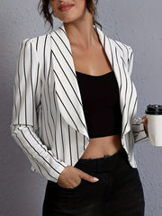 Striped Open Front Blazer Long Sleeve Crop Blazer For Work
