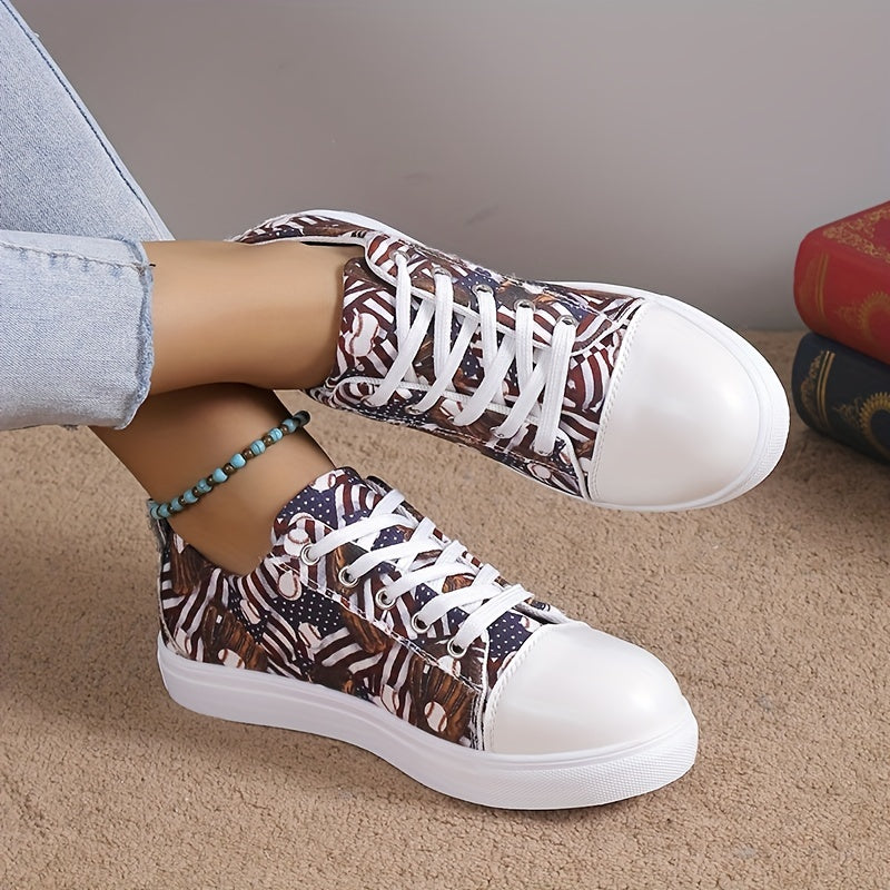 Women's Baseball Print Canvas Shoes Casual Lace Up Low Top Outdoor Sneakers