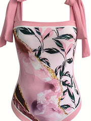 Retro Tankini Set Leaf & Mable Print Tie Shoulder Swimsuit