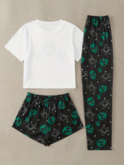 Alien Print Pajama Set Short Sleeve Crew Neck Top & Elastic Waistband Shorts