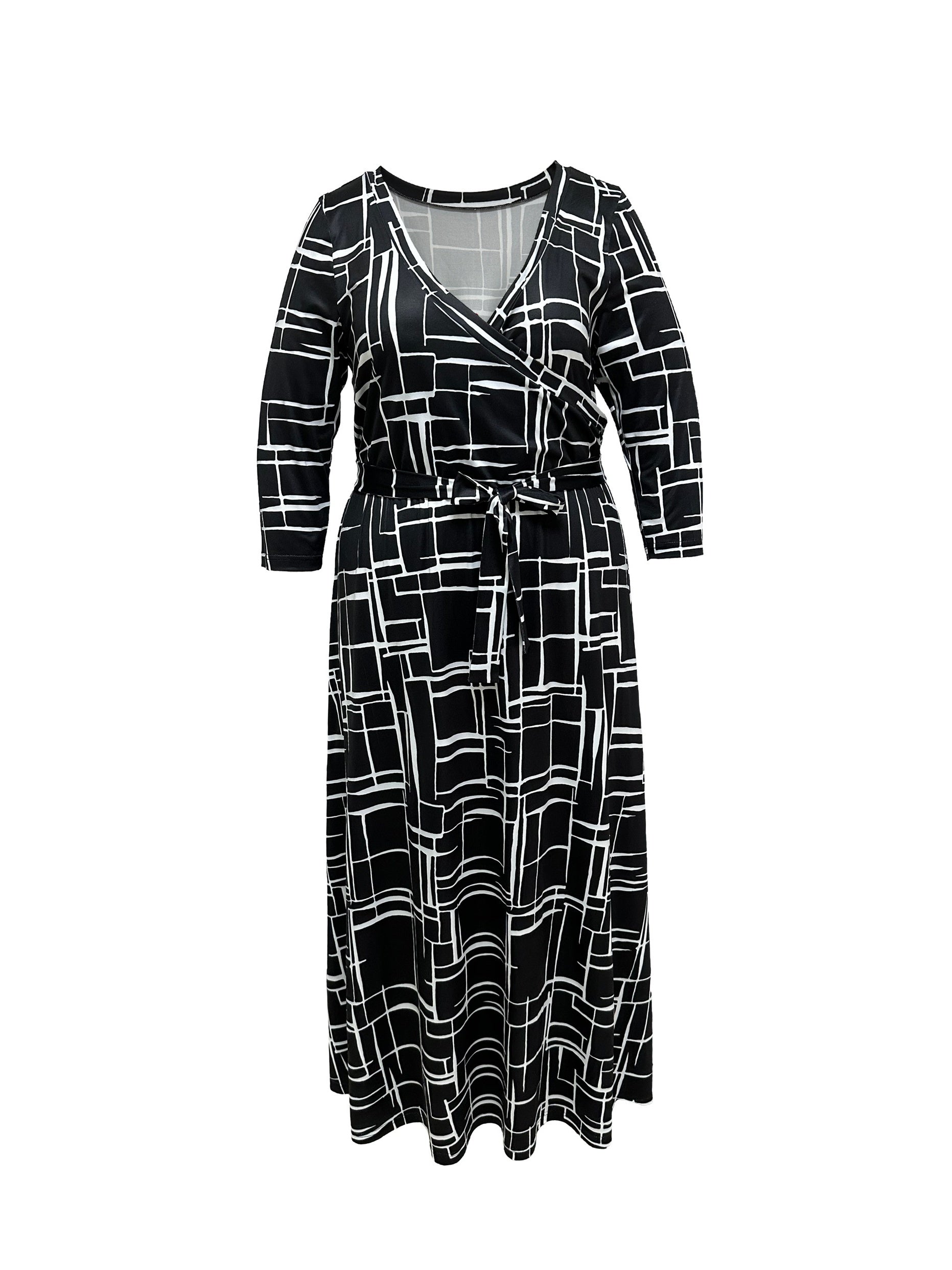 Geometric Print Long Sleeve Maxi Dress With Belt