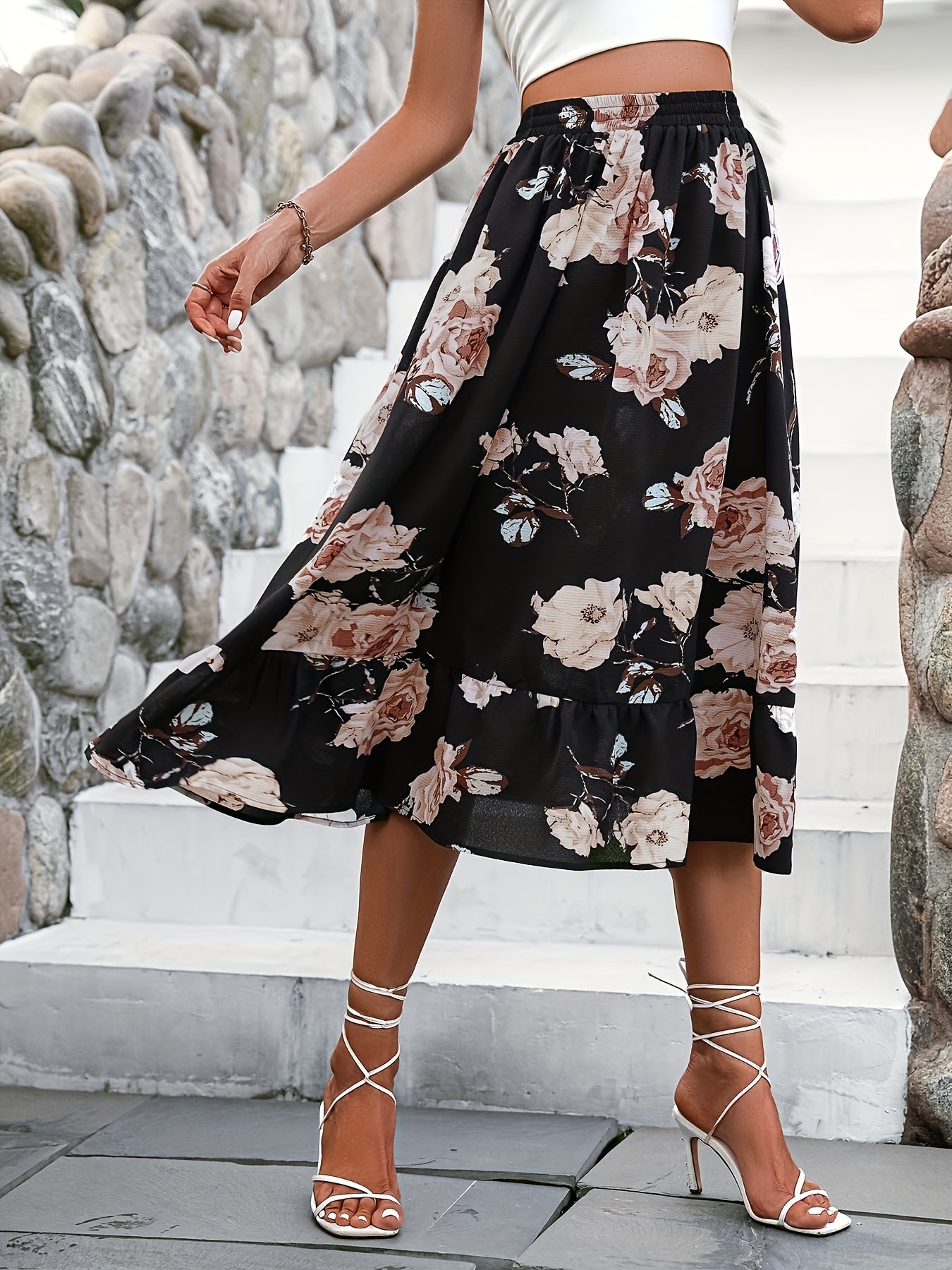Floral Print Elastic Waist Skirt for Women