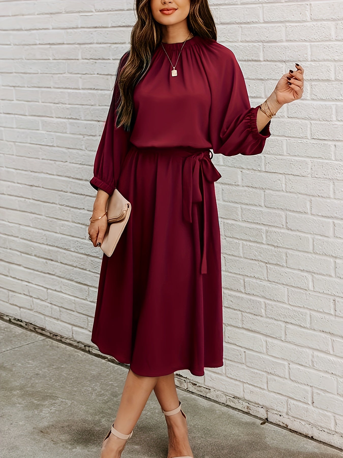 Women's Plus Solid Lantern Sleeve Midi Dress With Belt