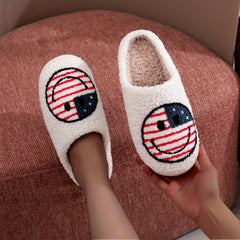 Women's Smile Face & Flag Pattern Slippers Plush Lined Warm Indoor Shoes