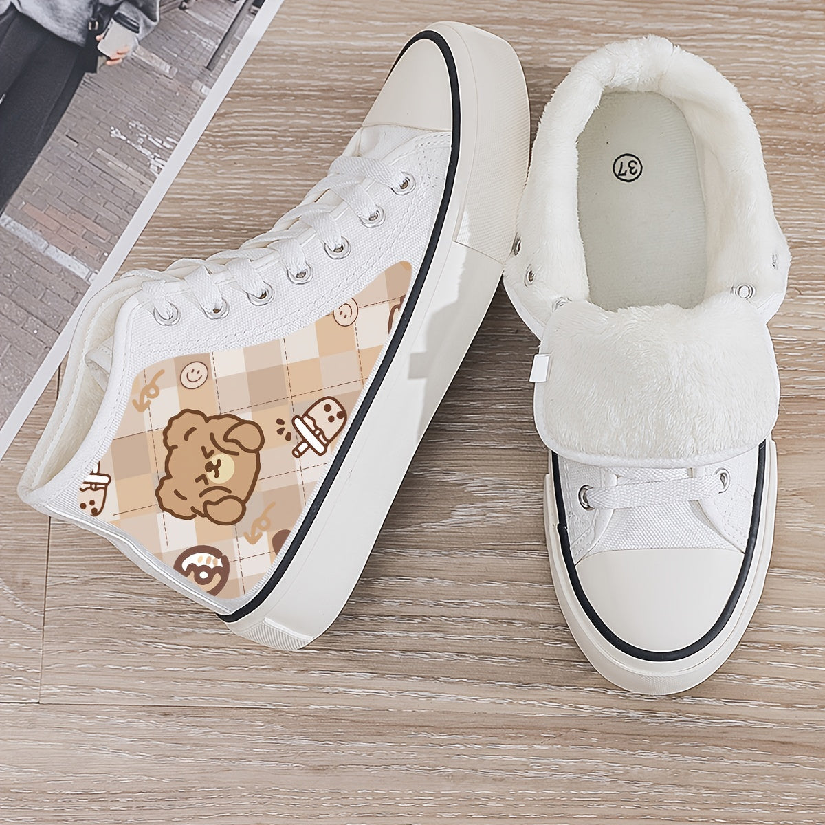 Bear Print Plush Lined Thermal Chunky Canvas Sneakers Flat Heighten
