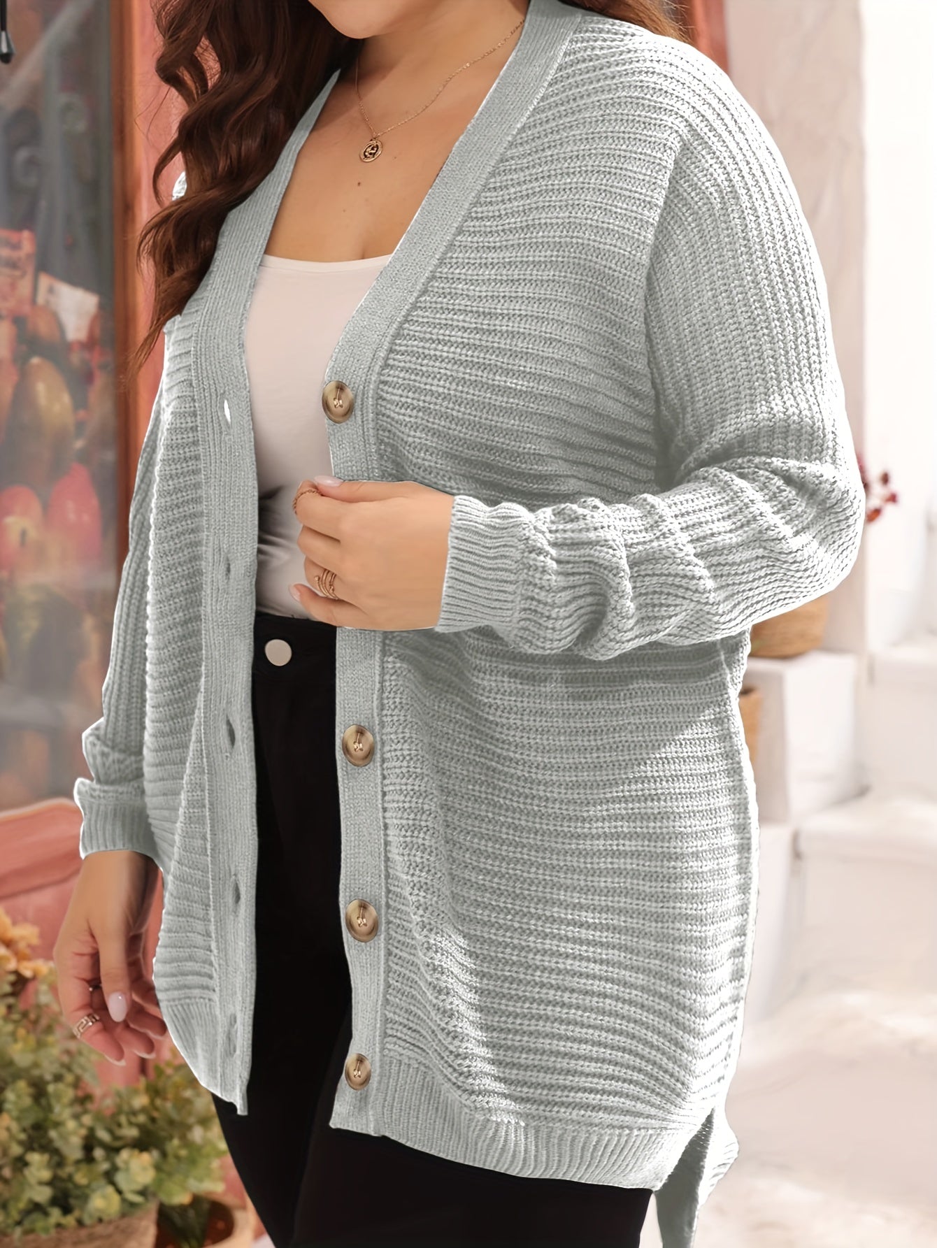 Casual Cardigan Women's Plus Solid Ribbed Batwing Sleeve