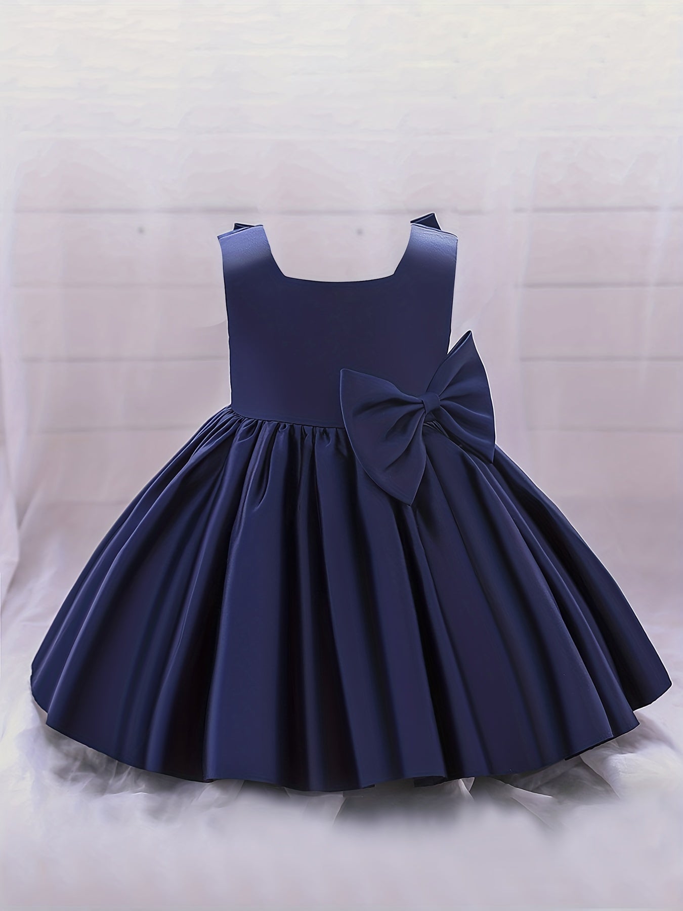 Girls Cute Bow Pleated Gown Dress Sleeveless Baby First Birthday Baptism Dress