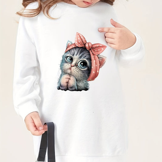 Girl's Kitty Print Crewneck Sweatshirt Dress Pullovers